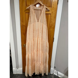 Charina Sarte Peach Eyelet Maxi Dress L Cotton Tiered Resort Boho Beach